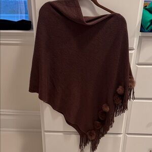 Brown Poncho with Fringe and Pom Poms